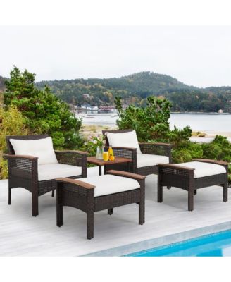 5 Piece Outdoor Wicker Conversation Set Patio Rattan Sofa Set w/ Cushion Coffee Table
