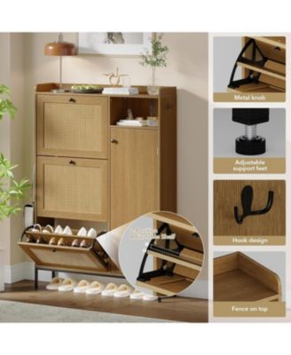 "Shoe cabinet with 3 flip drawers, rattan freestanding organizer with adjustable shelves and metal knob, narrow shoe rack for entryway."
