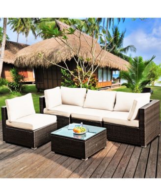 5PCS Rattan Patio Conversation Set Sofa Furniture Set w/ White Cushions