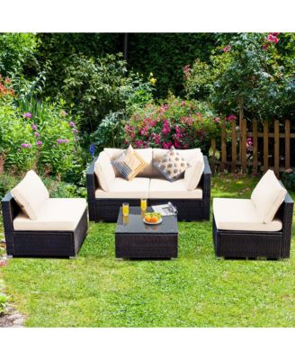 5PCS Rattan Patio Conversation Set Sofa Furniture Set w/ White Cushions