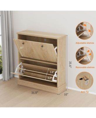 Fluted Shoe Cabinet with 2 Flip Drawers Narrow Cabinet with Adjustable Shelves and Elegant Handles Wooden Shoe Organizer