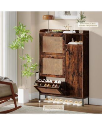 Shoe Cabinet with 3 Flip Drawers Rattan Freestanding Organizer with Adjustable Shelves Metal Knob Narrow Shoe Rack Cabinet