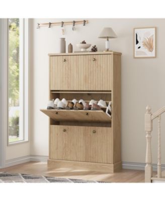 Shoe Cabinet with 3 Flip Drawers Modern Fluted Cabinet with Adjustable Shelves Freestanding Wooden Shoe Organizer