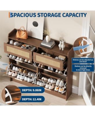 Rattan Shoe Storage Cabinet with 4 Flip Drawers and 2 Drawers Freestanding Organizer for Front Door Entrance Hidden Narrow Shoe Rack