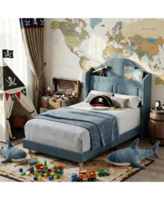 Twin Bed Frames for Kids, Wingback Velvet Platform Bed with LED Lights, Upholstered Storage Headboard, Wooden Slats Support