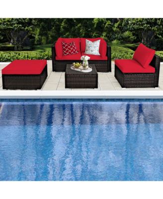 5PCS Rattan Patio Conversation Set Outdoor Furniture Set w/ Ottoman Cushion