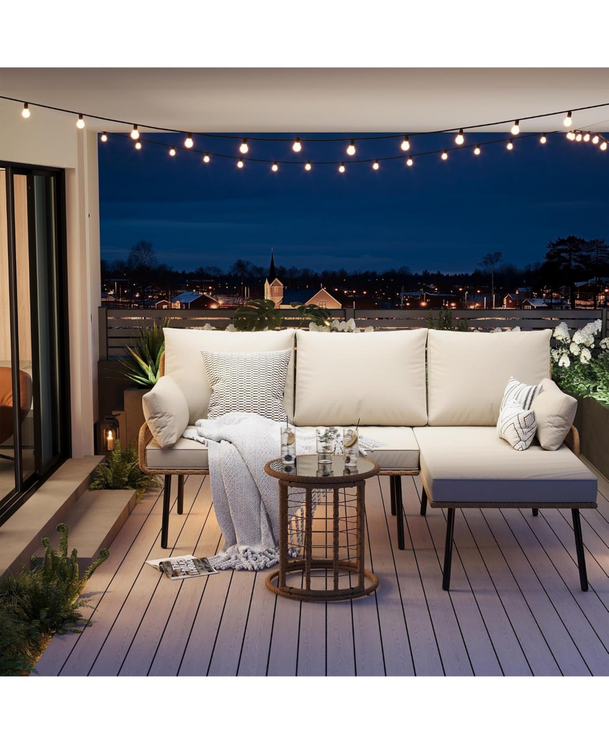 gaomon 3Pcs Rattan Patio Furniture Set, Outdoor Wicker Sectional L-Shaped Sofa with Cushion and Coffee Table, All Weather Conversation Set for Deck