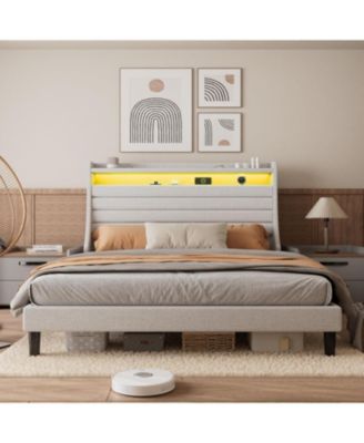 Queen Bed Frame, Storage Headboard with Charging Station and LED Lights, Solid and Stable, Noise Free, Easy to Assemble