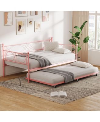 Daybed Metal Frame with Trundle Platform Sofa Bed Lockable Casters Metal Slats Living Room Bedroom Guest