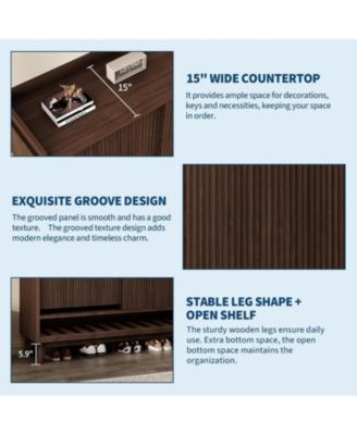 Space-Saving Fluted Shoe Cabinet for Entryway – Narrow Freestanding Wooden Shoe Organizer with Sliding Door 2 Turn Drawers