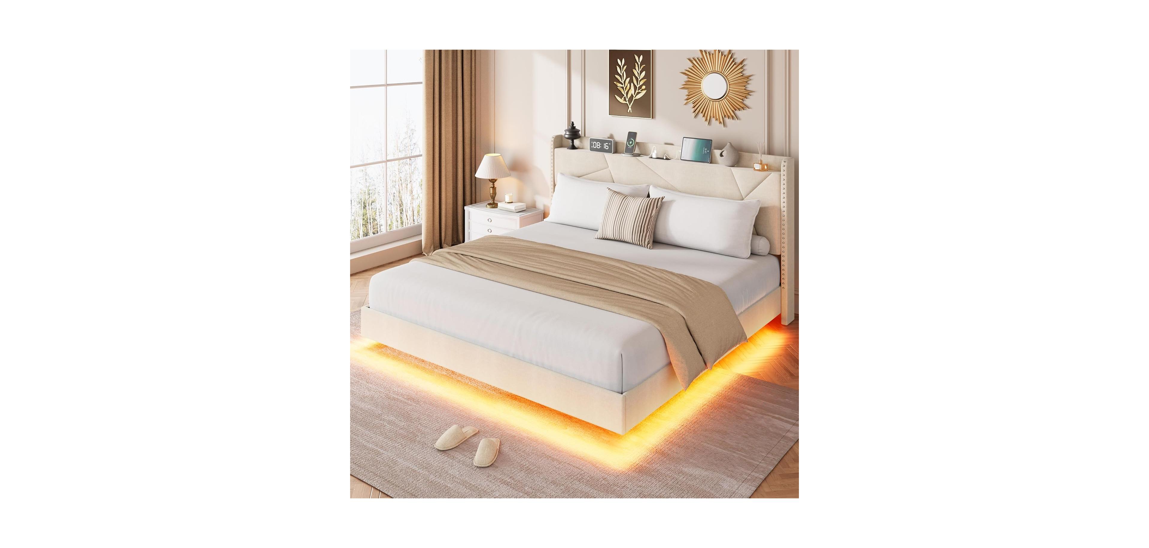 gaomon Floating Bed Frame with Led Lights & Charging Station