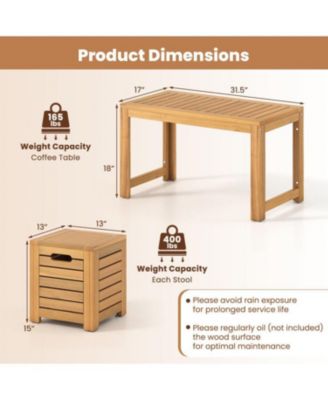 Set of 3 Outdoor Acacia Wood Coffee Table and Stool Set