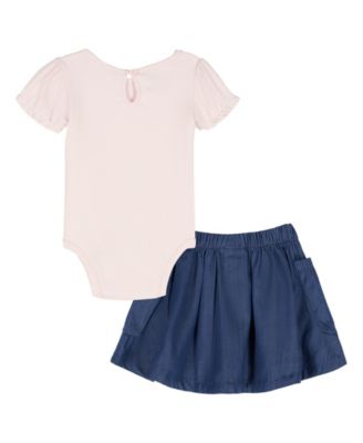 Baby Girls' Shirred Bodysuit and Flared Denim Skirt, 2-Piece Set