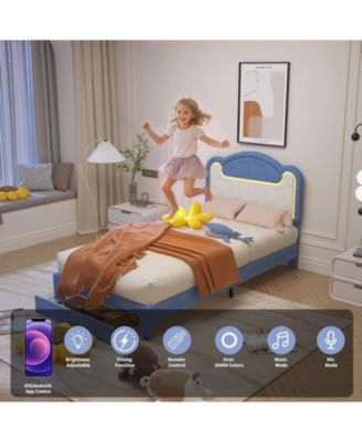 Size Upholstered Bed Frame with LED Lights & Storage Drawers, Fabric Headboard & Wood Slats, No Box Spring Needed, Princess Bed for Girls