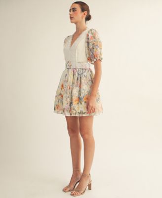 Women's Floral Garden Border Print Belted Mini Dress