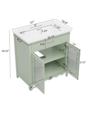 31"Bathroom Vanity with Sink, Tempered Glass Doors & Adjustable Storage for Small Bathrooms