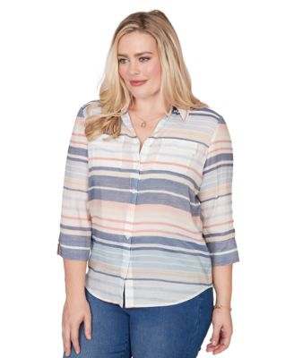 Petite Stripe Button-Front Collared Top