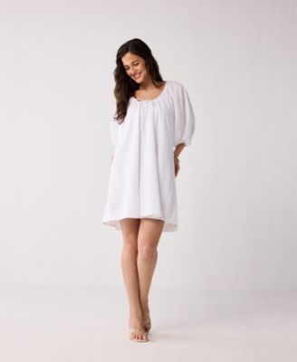 Women's Puff Sleeved Dress with Drawstring Neckline