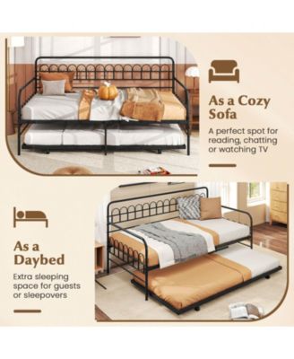 Daybed with Trundle Curved Backrest & Armrests Heavy-duty Metal Slats