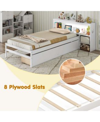 Twin Size Bed Frame with LED Light & Power Outlet Bookcase Headboard Drawers