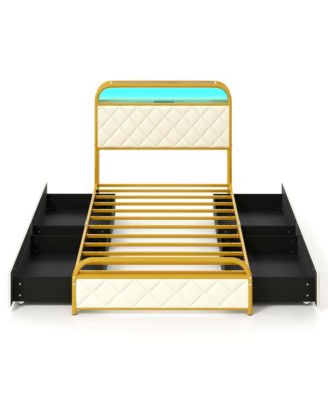 Twin Size Bed Frame with LED Lights & Charging Station Storage Headboard & Drawers