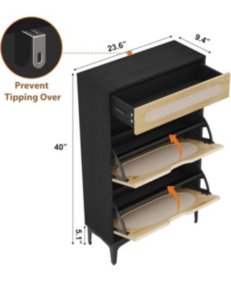 Shoe Cabinet Rattan Shoe Storage With 2 Flip Drawer and 1 Pull-Out Drawer Heavy Duty Metal Leg Adjustment Shelf Entryway Shoe Organizers