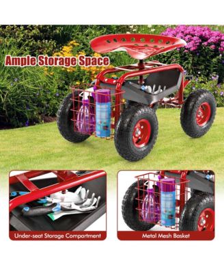 Garden Cart Patio Wagon Rolling Work Seat with Tool Tray Basket Planting