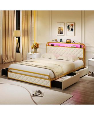 Queen Size Bed Frame with LED Lights and Charging Station Storage Headboard and Drawers