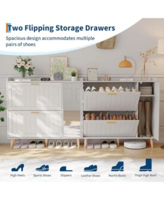 White Wooden Shoe Cabinet with Mirror 2 Flip Drawers and Side Storage Cabinet Freestanding Modern Shoe Storage with Adjustable shelves