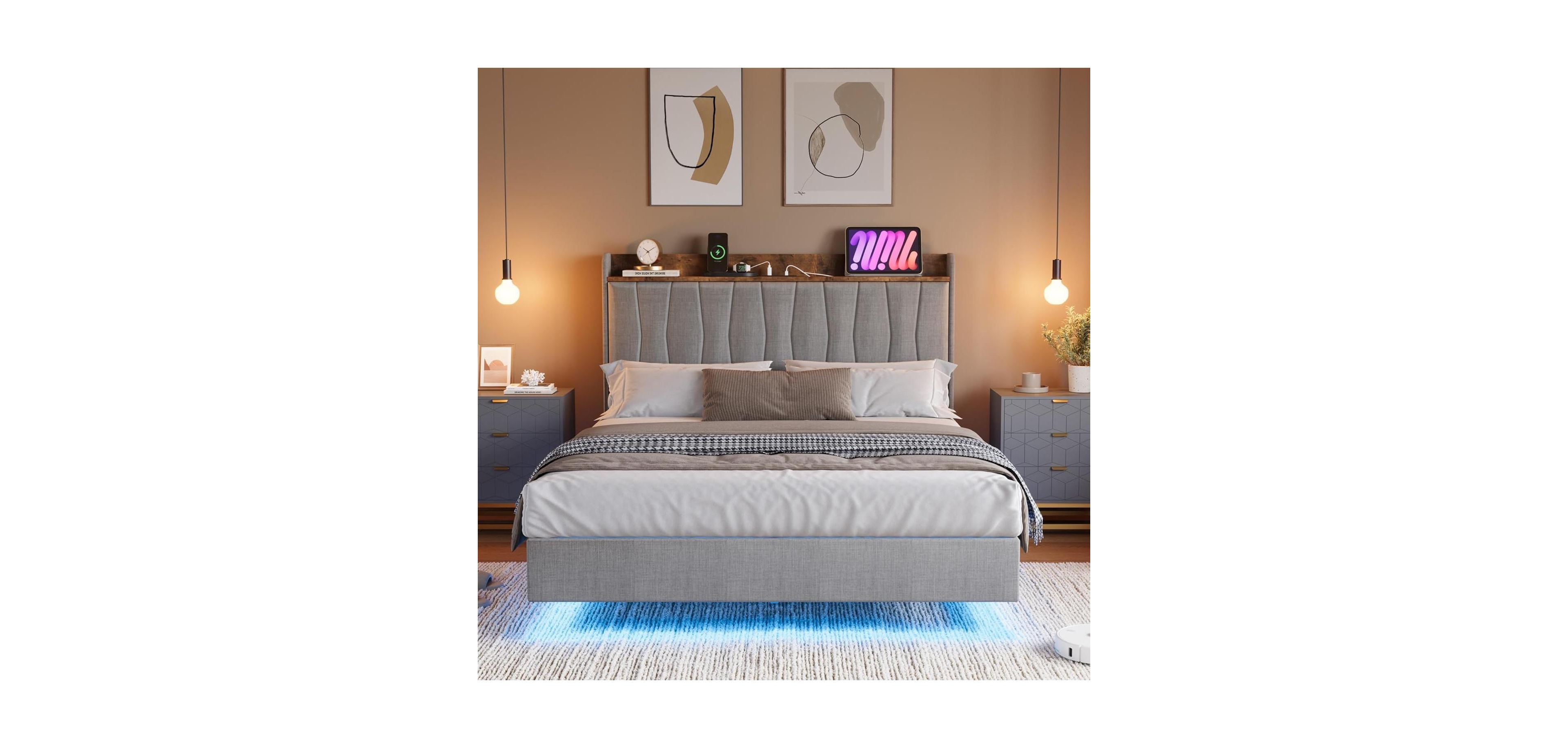 gaomon Queen Floating Platform Bed with Led Lights and Usb Headboard Wood Slats No Box Spring Noise Free