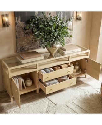 Solid Wood Sideboard With Tempered Glass Top, Pre-Assembled Cabinet , TV Stand