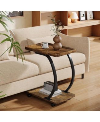C-Shaped End Table, Industrial 2-Tier Small Side Table with Wheels, Wood Bedside Snack Couch Table with Metal Frame.