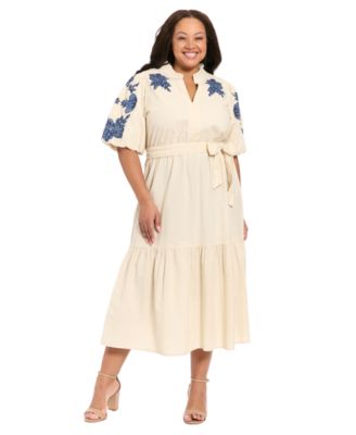 London Times - Plus Size Split V-Neck A-Line Midi Dress