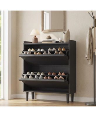 Shoe Cabinet with 2 Flip Drawers, Narrow Shoe Storage Cabinet with Adjustable Shelves and Hidden Handle