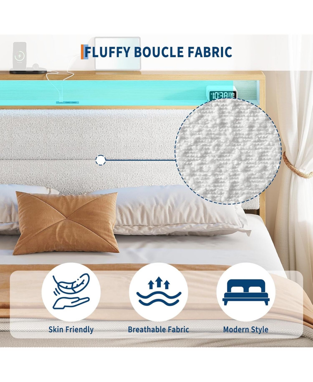 gaomon King Boucle Bed Frame, Frame with Rgb Led Light & Charging Station