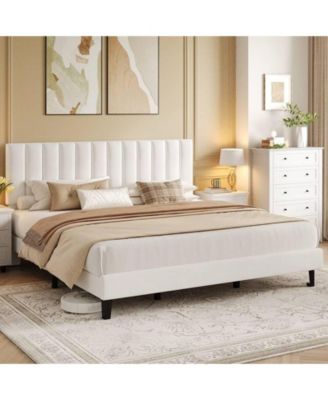 KING Size Bed Frame, Velvet Upholstered Platform Bed with Adjustable Vertical Channel Tufted Headboard, No Box Spring Needed, Easy Assembly