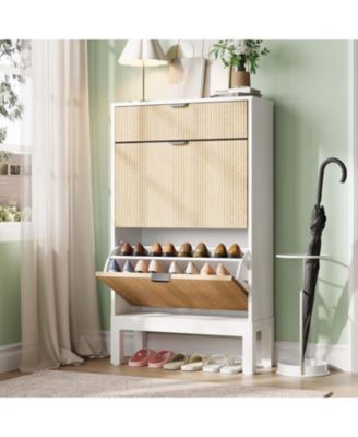 Shoe Storage Cabinet with Flip Drawers Modern Wooden Shoe Rack with Iron Legs Slim Entryway Hallway Organizer