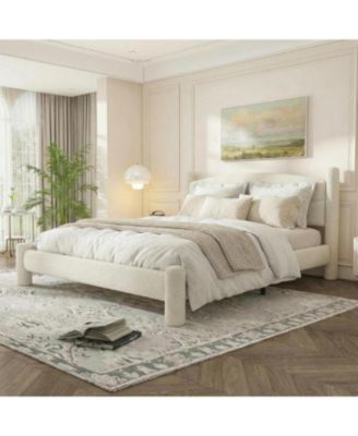 Cloud Bed Frame, Boucle Upholstered Platform Bed with Soft Round Headboard & Cylindrical Legs, Heavy Duty & Noise Free