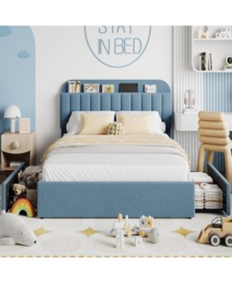 Full Bed Frame with Storage Headboard, Kids Bed Frame with 2 Drawers, Boucle Upholstered Platform Bed with Bookcase, No Box Spring Needed