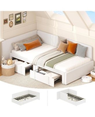 Daybed with Storage Drawers, Velvet Upholstered Corner Bed Frame, Adjustable Headboard & Guardrails