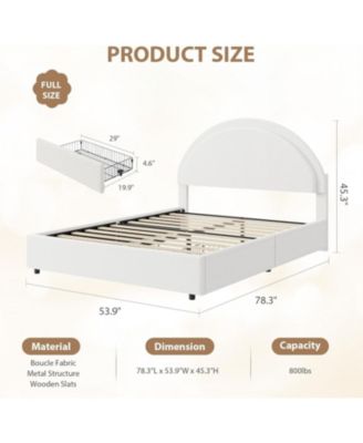 Full Bed Frame Storage Drawers Upholstered Boucle Platform Round Headboard Heavy Duty Noise-Free No Box Spring White