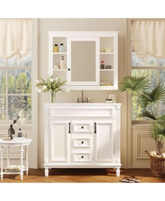 36" Bathroom Vanity with Sink and Mirror, Modern Freestanding Solid Wood Cabinet with Storage Drawers and Ceramic Top
