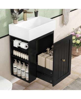 20" Bathroom Vanity with Ceramic Sink, Wall Mounted Storage Cabinet with Drawer & Side Shelf for Small Bathrooms