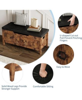 Storage Bench with Cushion, Wooden Chest Storage Box with 2 Safety Hinges