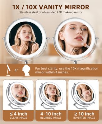9" Rechargeable LED Vanity Mirror with 1X/10X Magnification, 3 Light Settings, 360&deg; Swivel, Stainless Steel Double-Sided Makeup Mirror