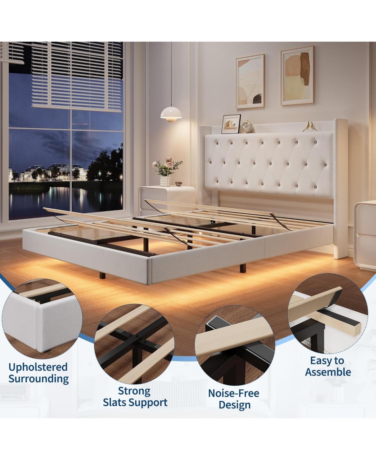 gaomon Bed Frame with Led Lights, Modern Wood Floating Storage