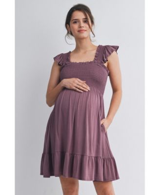 Maternity Empire Waist Cap Sleeve Smocked Dress with Ruffle Hem