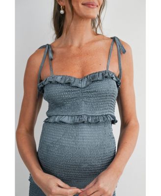 Maternity Smocked Bodycon Midi Dress with Ruffle Trim and Tie Straps