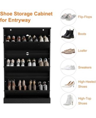 Shoe Cabinet with 3 Flip Drawers Modern Fluted Cabinet with Adjustable Shelves Freestanding Wooden Shoe Organizer for Entryway Hallway