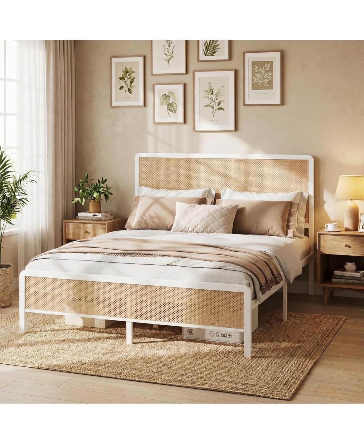 gaomon Size Rattan Bed Frame with Headboard, Modern Style Cane Boho Bed Frames with Heavy Duty Sturdy Steel Slat Support